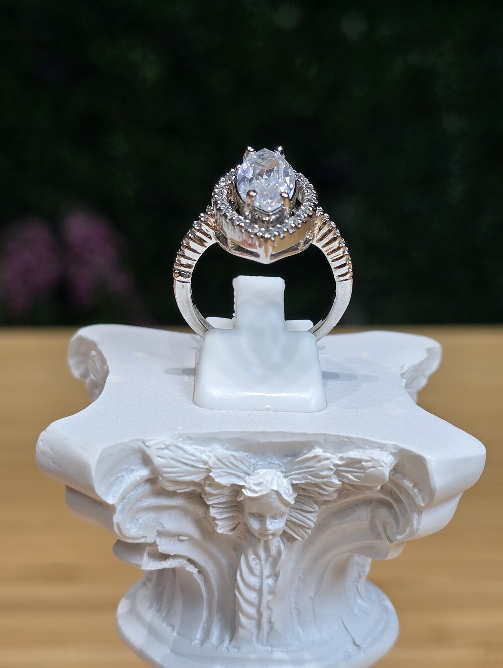 Silver Halo Oval Cubic Zirconia Ring - White